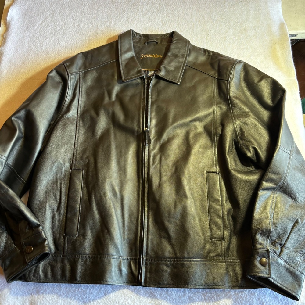 ST JOHNS BAY Mens Genuine Leather Jacket 2XL Full Zip‎ Black Classic